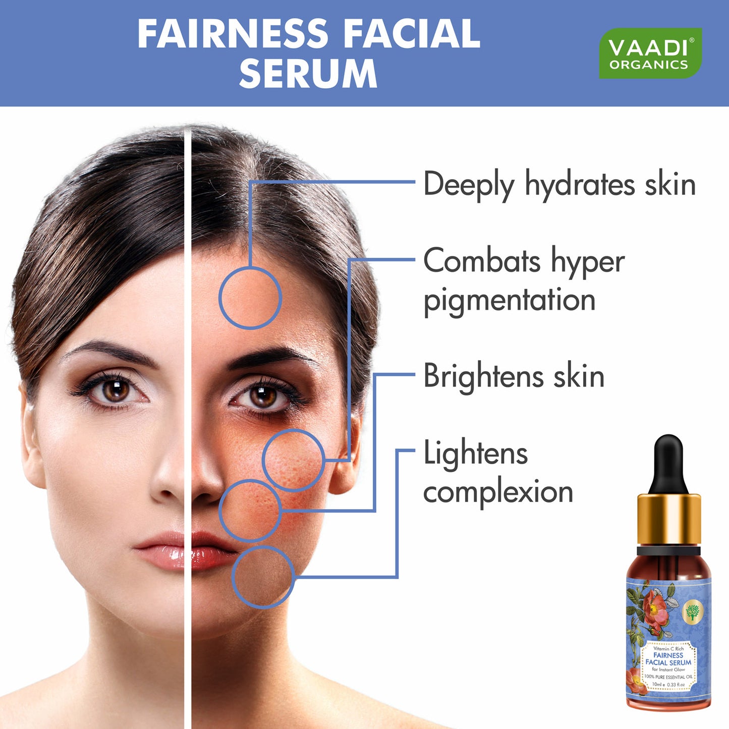 Organic Vitamin C Fairness Facial Serum - Brightens Skin, Lightens Complexion, Protects from Sun Damage (10 ml/ 0.33 oz) (Buy 1 Get 1 Free)