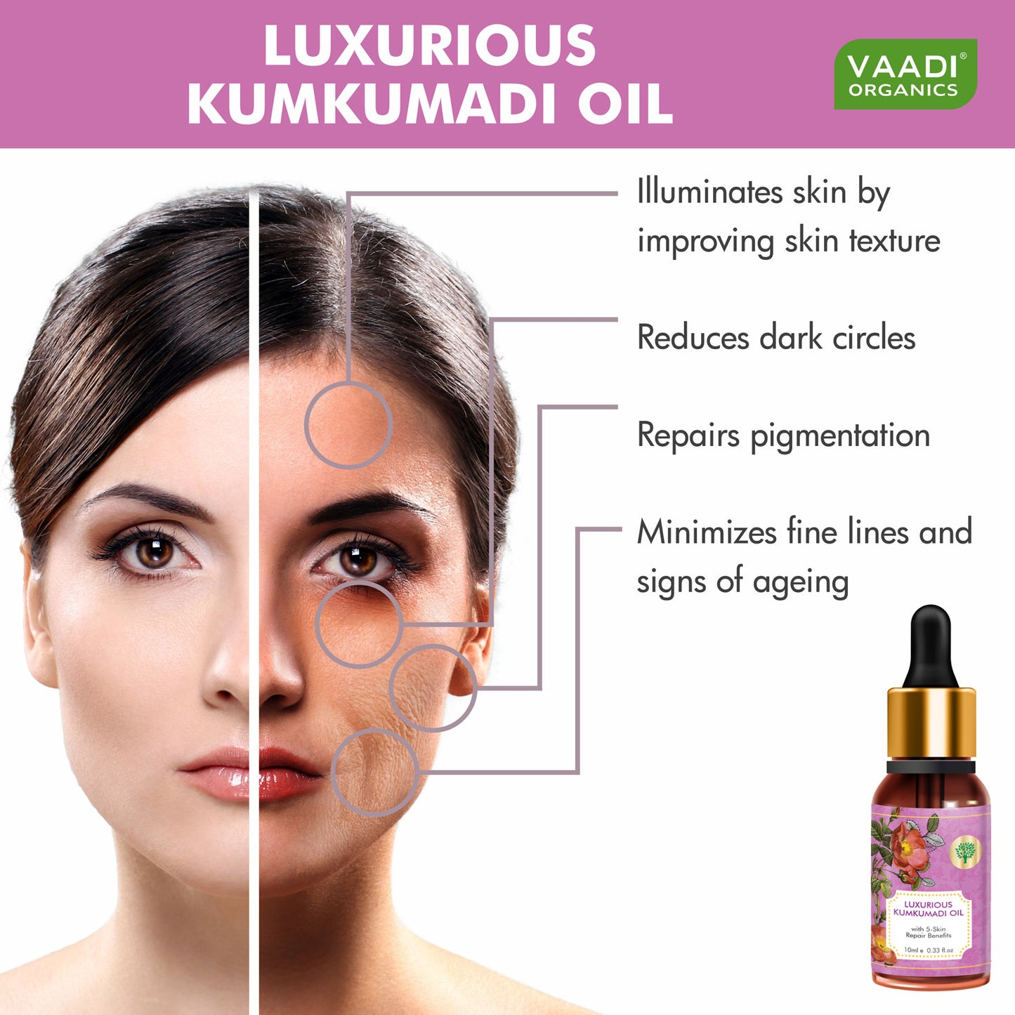 Organic Luxurious Kumkumadi Oil (Pure Mix of Saffron, Sandalwood, Manjistha & Almond Oil) - Reduces Dark Circles, Pigmentation (10 ml/ 0.33 oz)