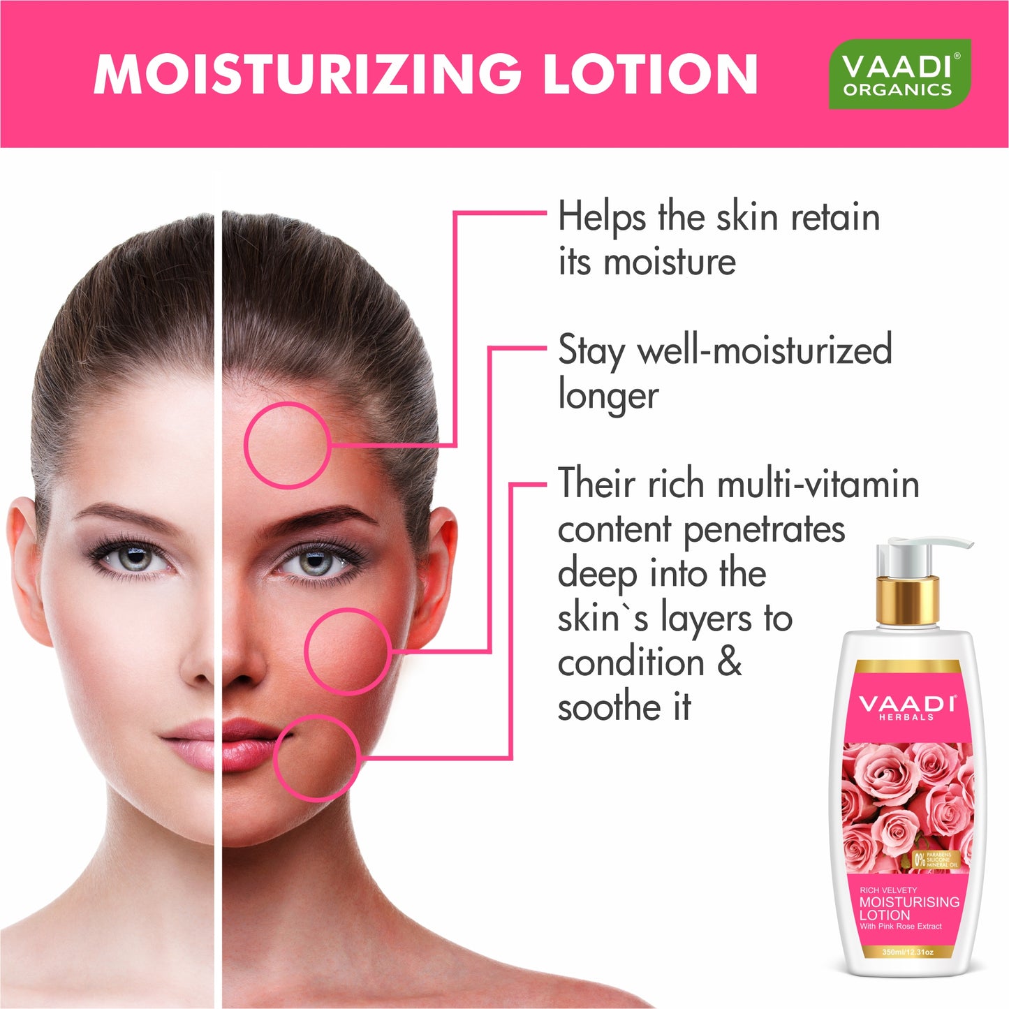 Organic Rich Velvety Moisturising Lotion with Pink Rose Extract - Retains Moisture in Skin - Makes Skin Velvety Soft (350 ml / 12 fl oz)