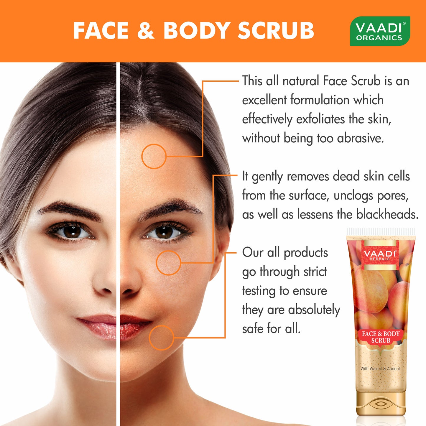 Organic Face & Body Scrub with Walnut & Apricot - Exfoliates & Unclogs Pores - Keeps Skin Youthful (110 gms / 4 oz)
