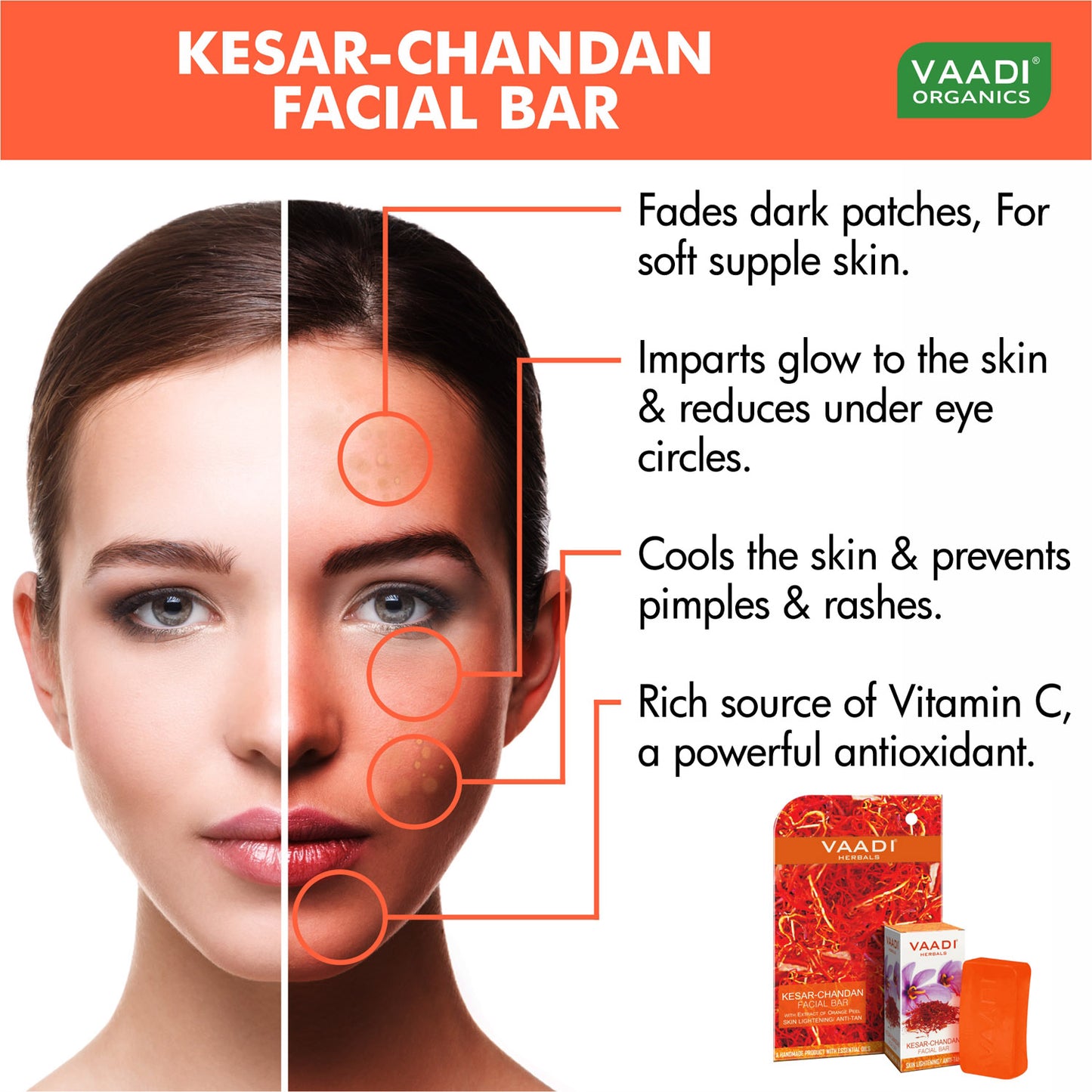 Organic Saffron Sandal Facial Bar with Orange Peel Extract - Lightens Marks- Makes Skin Flawless (25 gms/0.9 oz)