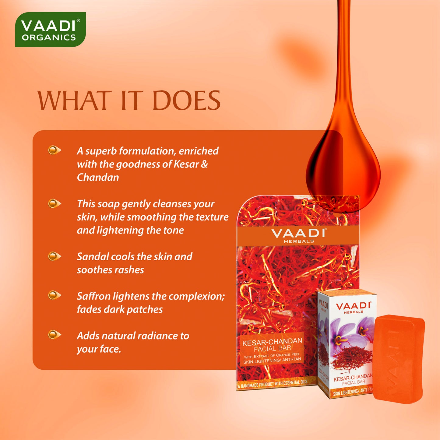 Organic Saffron Sandal Facial Bar with Orange Peel Extract - Lightens Marks- Makes Skin Flawless (25 gms/0.9 oz)