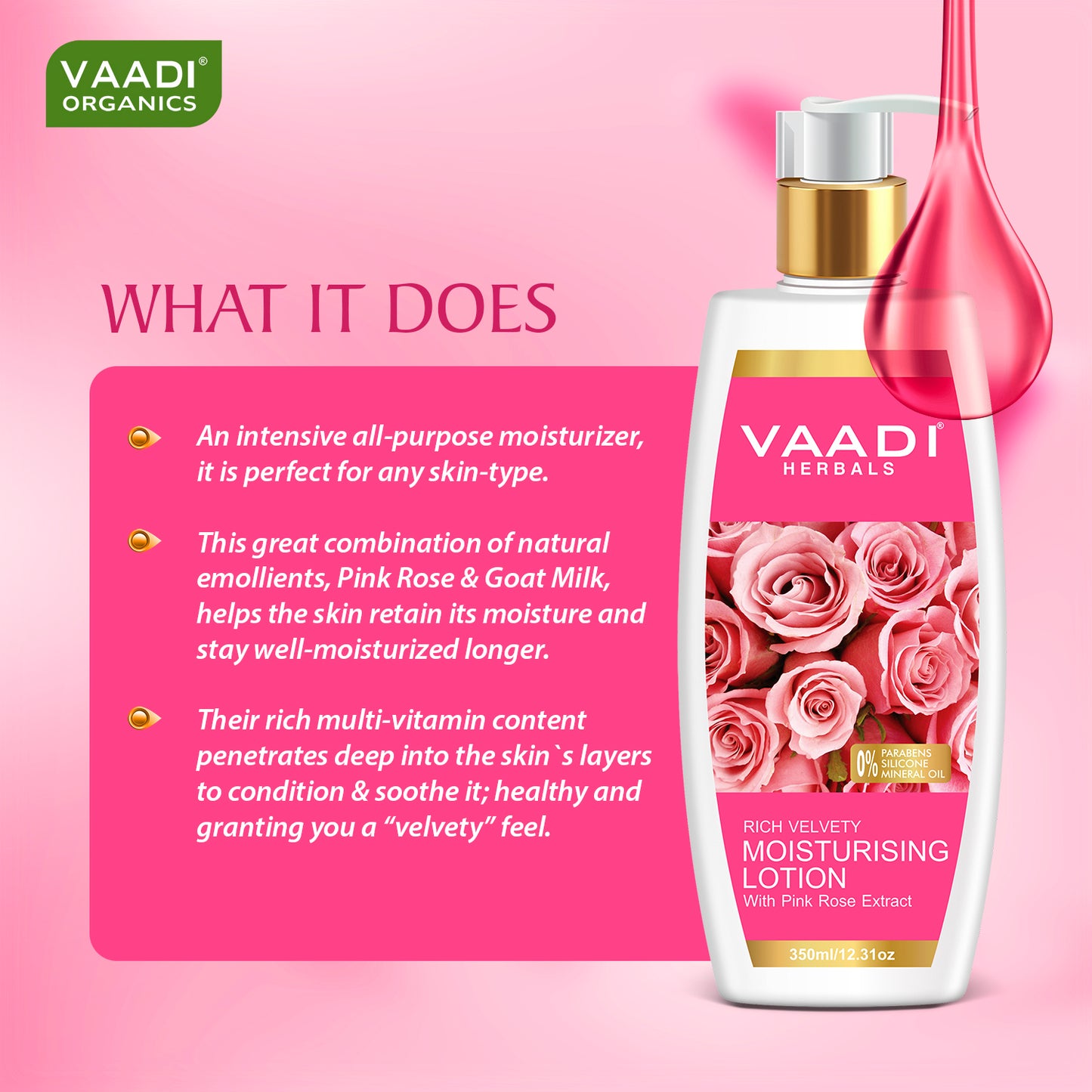 Organic Rich Velvety Moisturising Lotion with Pink Rose Extract - Retains Moisture in Skin - Makes Skin Velvety Soft (350 ml / 12 fl oz)