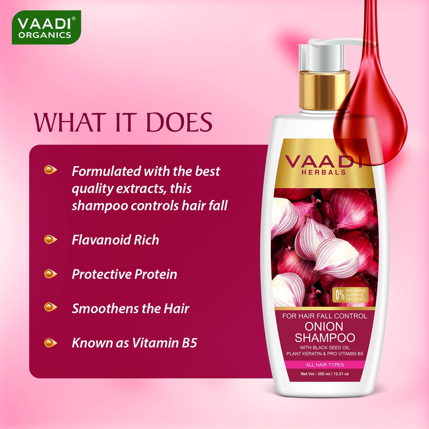 Hair-Fall Control Organic Onion Shampoo With Black Seed Oil, Plant Keratin & Pro Vitamin B5 Suitable For All Hair Types ( 350ml / 12 fl oz)