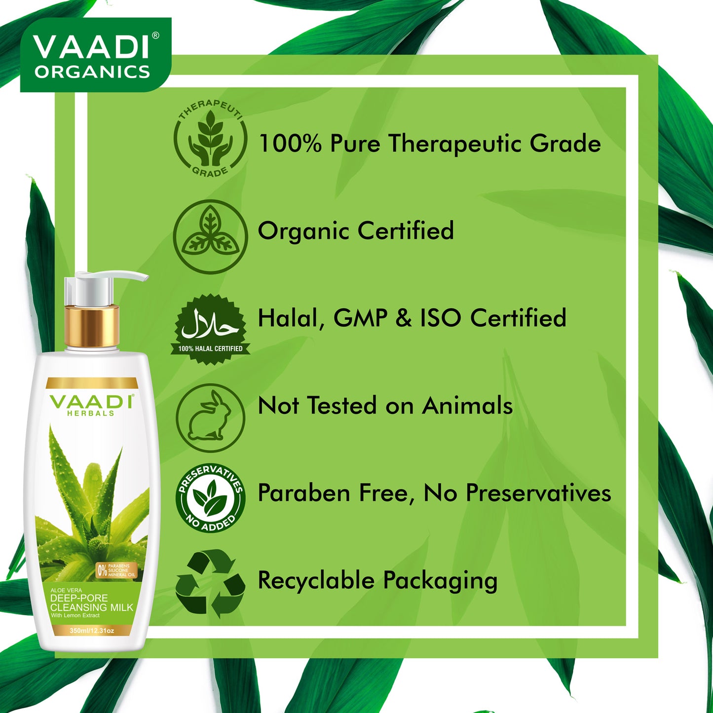 Organic Aloe Vera Deep Pore Cleansing Milk with Lemon Extract - Cleanses & Softens Skin - Locks In Moisture All Day (350 ml/ 12 fl oz)