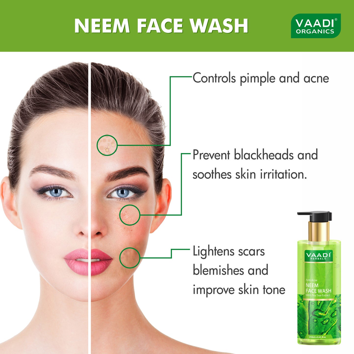 Anti Acne Organic Neem Face Wash with Tea Tree Extract - Controls Acne - Heals Skin (250 ml/8.45 fl oz)