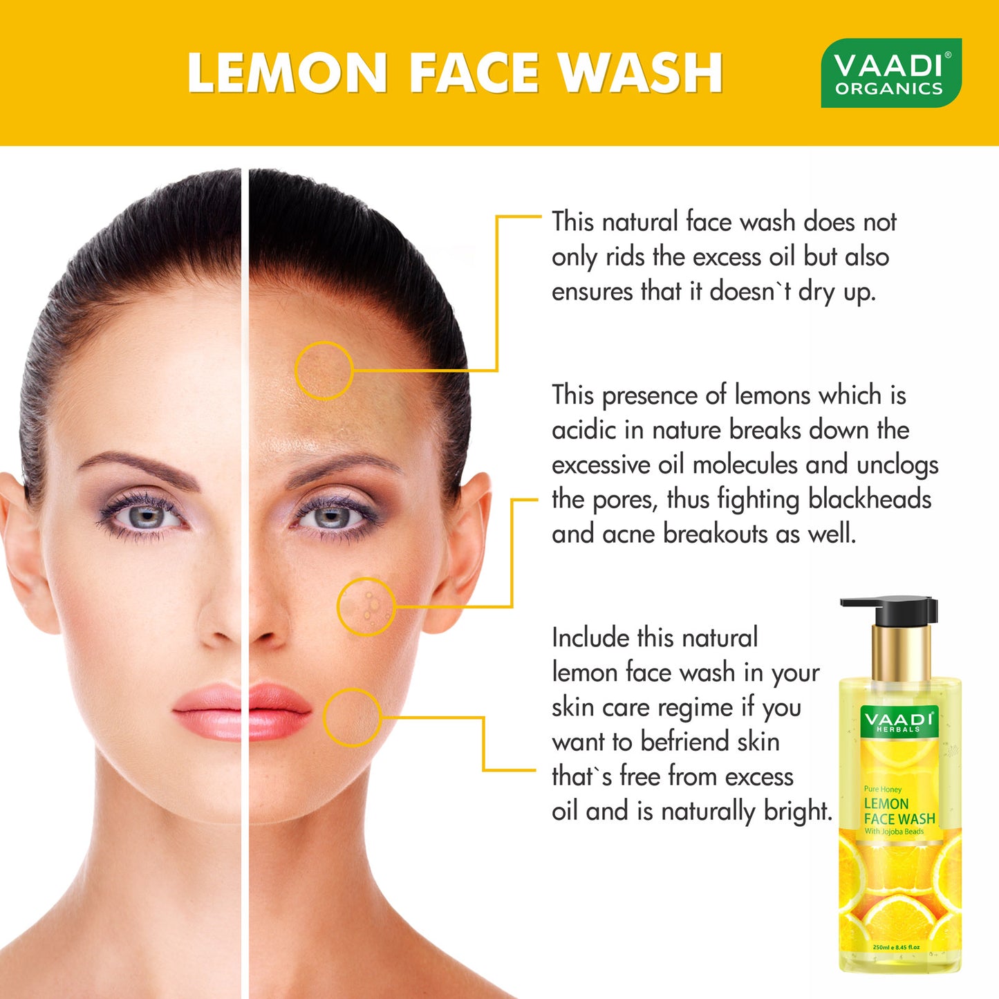 Skin Hydrating Organic Lemon Face Wash with Jojoba Beads - Removes Excess Oil - Prevents Acne (250 ml/8.45 fl oz)