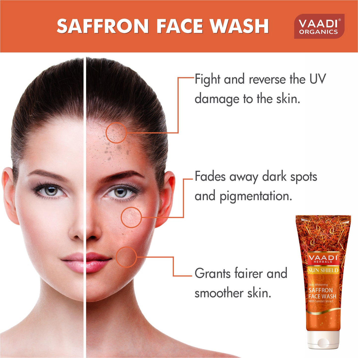 Skin Whitening Organic Saffron Face Wash with Sandalwood - Protects Skin from Sun - Lightens Pigmentation (60 ml/2.1 fl oz)