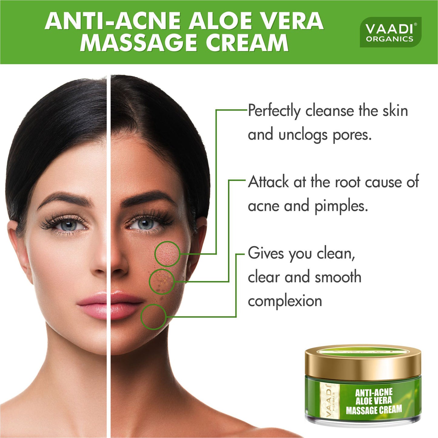 Anti Acne Organic Aloe Vera Massage Cream - Removes Skin Impurities - Keeps Skin Soft (50 gms/ 2 oz)