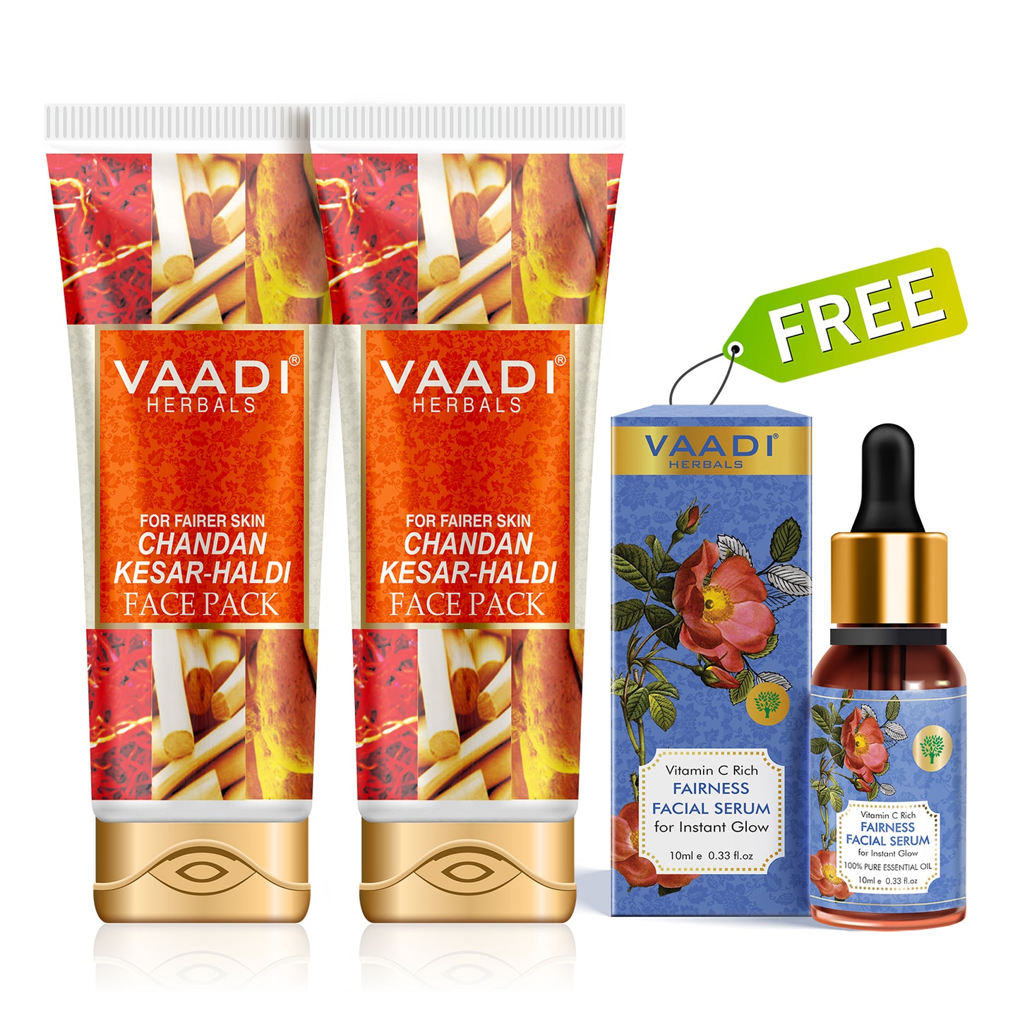 Organic Chandan Kesar Fairness Face Pack - Removes Marks and Lightens Skin Tone - Repairs and Protects Skin (2 x 120 gms/ 4.3 oz) with free Vitamin C facial Serum (10 ml)