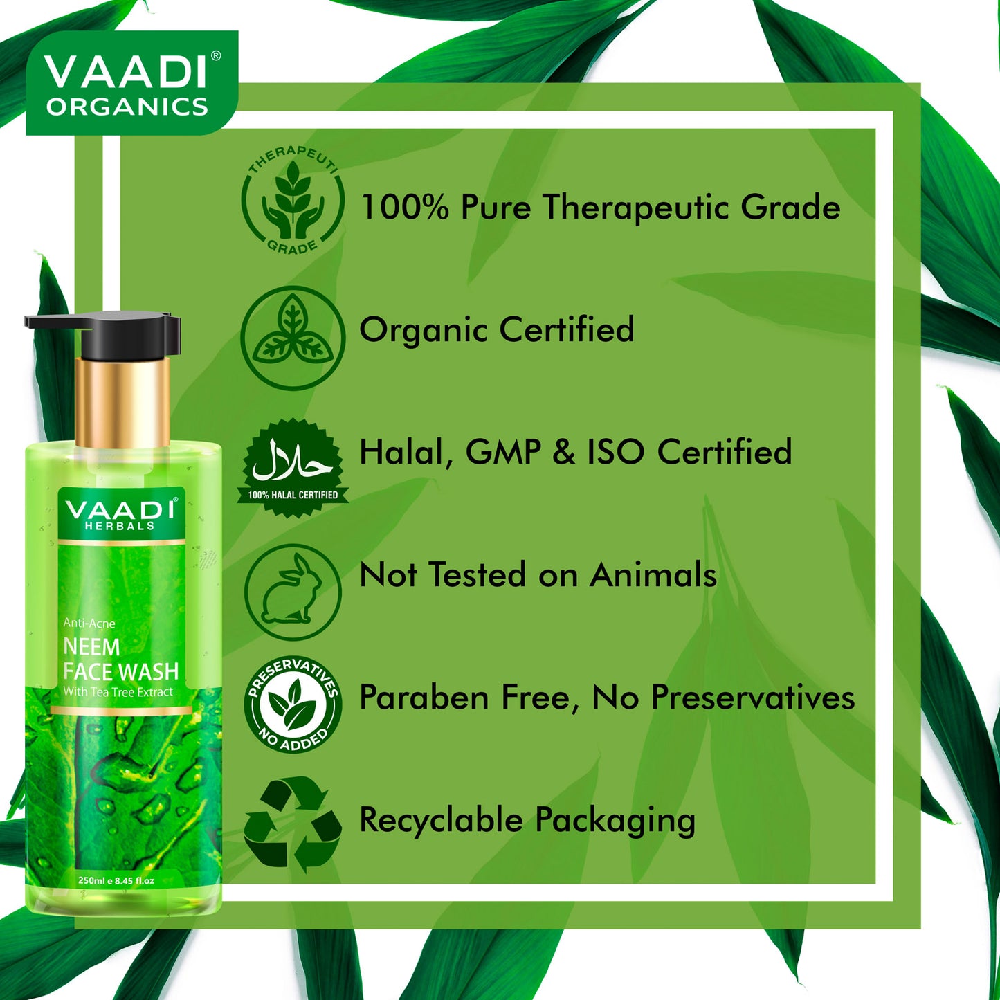 Anti Acne Organic Neem Face Wash with Tea Tree Extract - Controls Acne - Heals Skin (250 ml/8.45 fl oz)