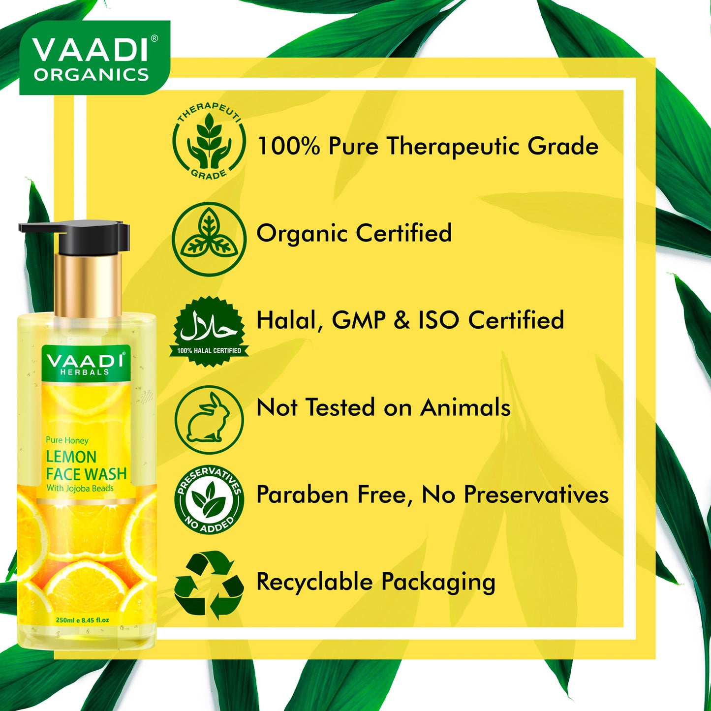 Skin Hydrating Organic Lemon Face Wash with Jojoba Beads - Removes Excess Oil - Prevents Acne (250 ml/8.45 fl oz)
