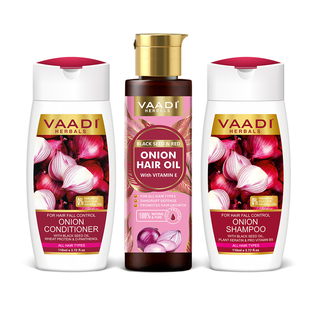 Organic Anti Hair Fall Complete Pack - Onion Shampoo (110 ml), Onion Conditioner (110 ml) & Onion Hair Oil (120 ml)