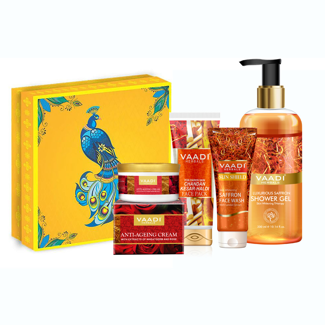 Elegant Organic Beauty Gift Set with the Saffron range for glowing and beautiful skin