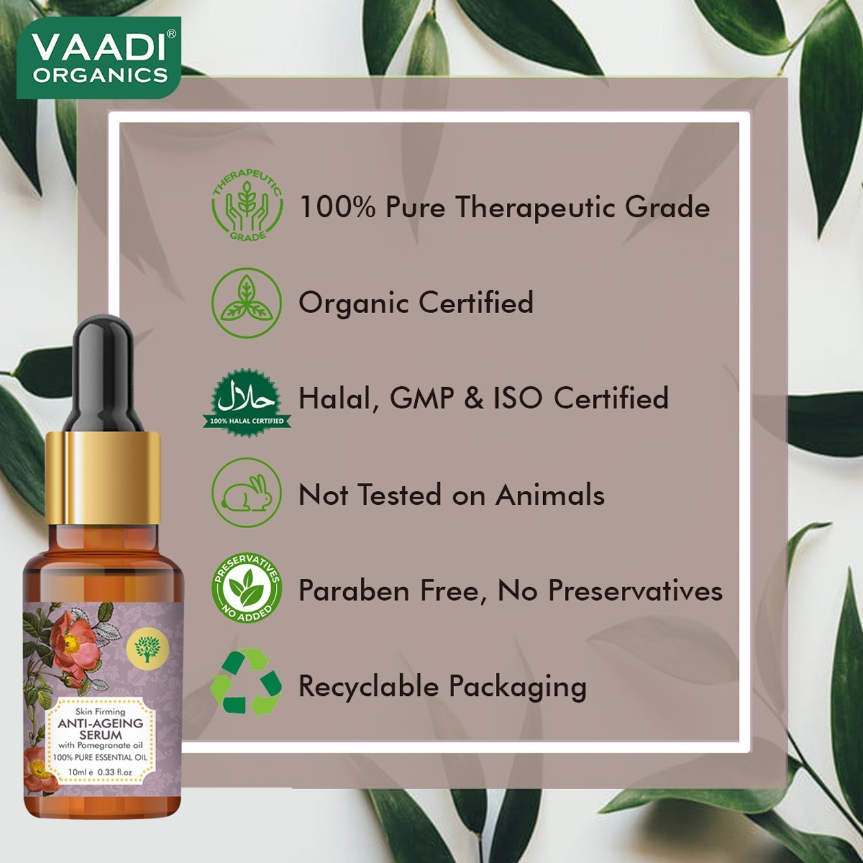 Organic Vitamin E Anti Ageing Serum with Pomegranate Oil - Reduces Fine Lines, Lightens Wrinkles & Brightens Complexion (10 ml/ 0.33 oz)