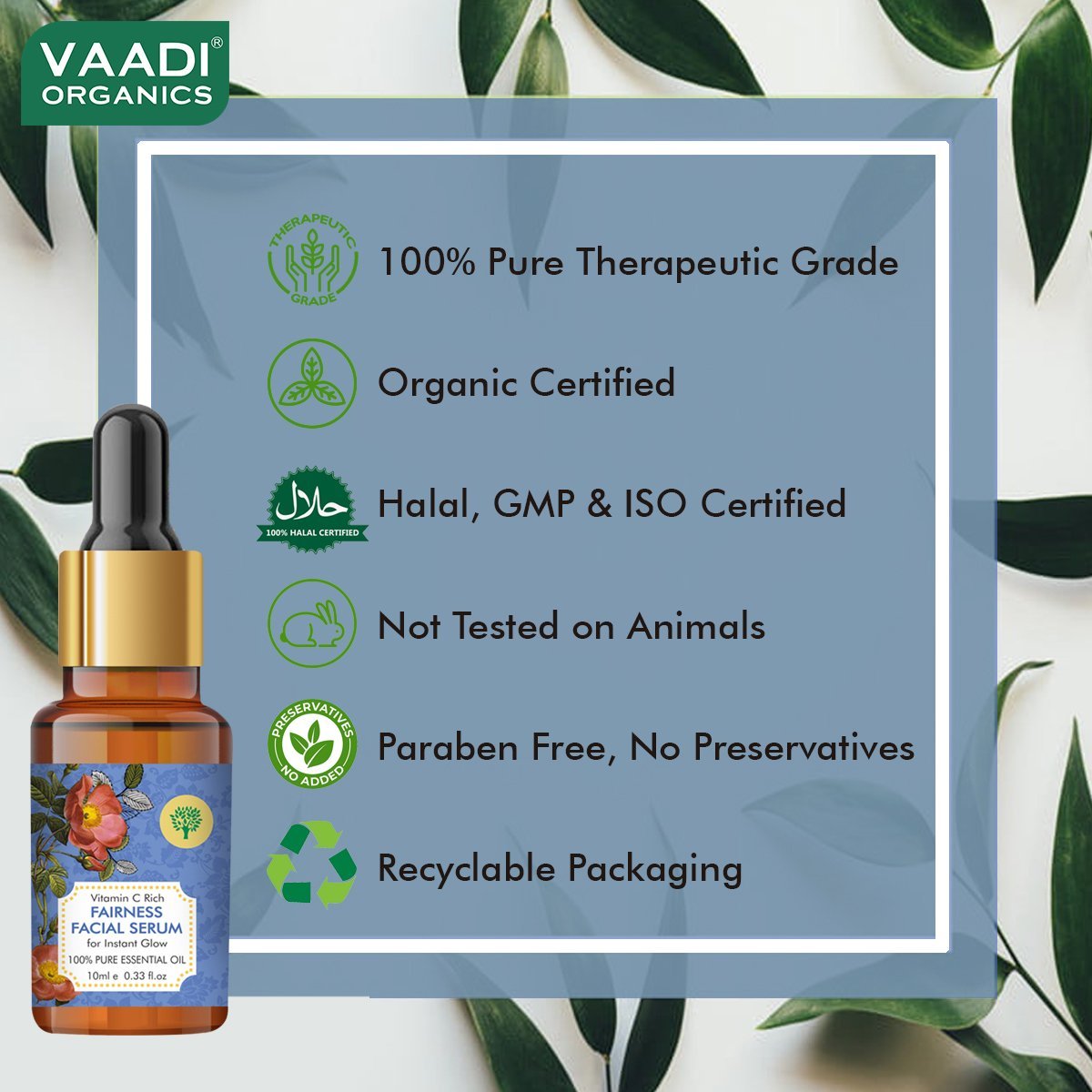 Organic Vitamin C Fairness Facial Serum - Brightens Skin, Lightens Complexion, Protects from Sun Damage (10 ml/ 0.33 oz)