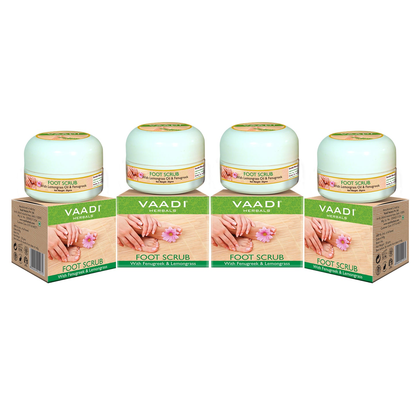 Organic Foot Scrub with Fenugreek & Lemongrass Oil - Therapeutic Exfoliates - Rejuvenates Damaged Skin - Softens Skin (4 x 30 gms / 1.1 oz)