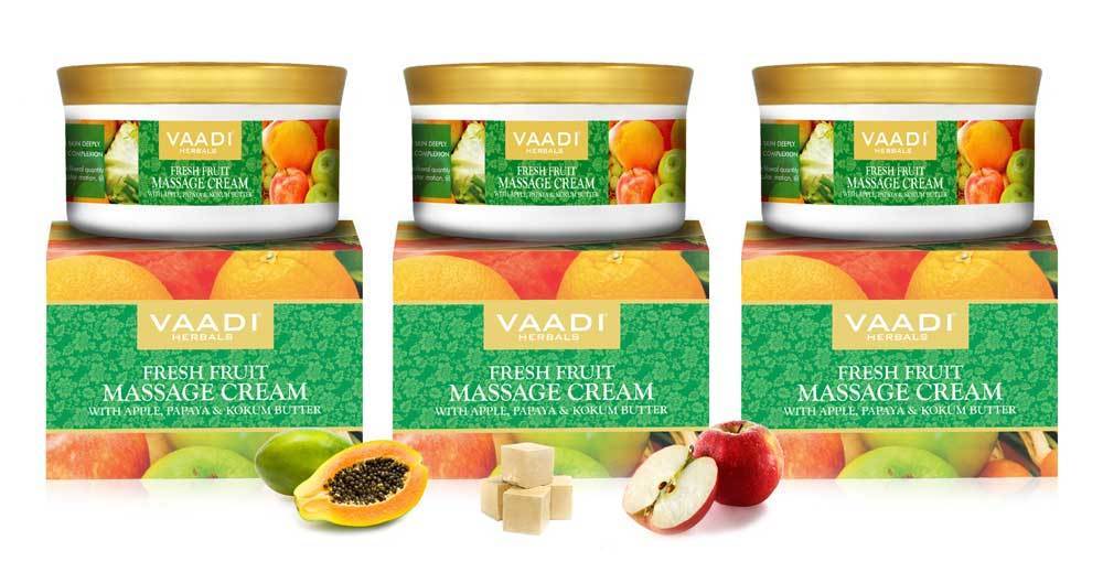 Organic Fresh Fruit Massage Cream with Apple, Papaya & Kokum Butter - Deep Nourishes - Enhances Complexion (3 x 150 gms / 5.3 oz)