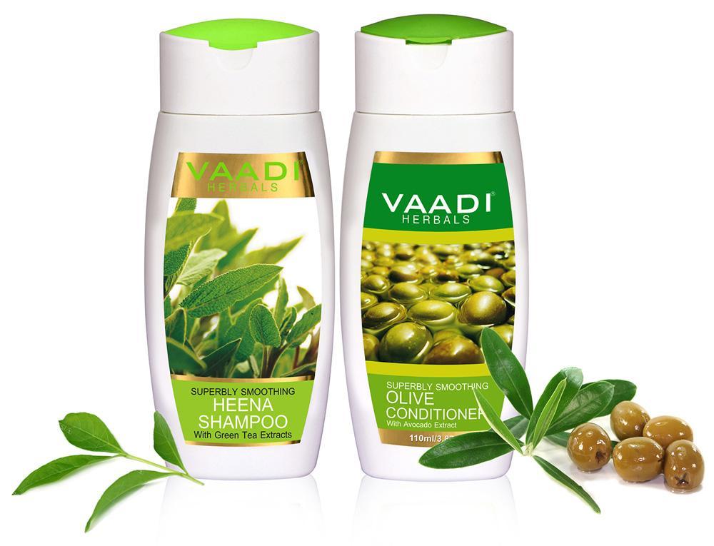 Superbly Smoothing Organic Heena Shampoo with Green Tea Extract - Multi Vitamin Rich Olive Conditioner with Avocado Extract (2 x 110 ml/ 4 fl oz)