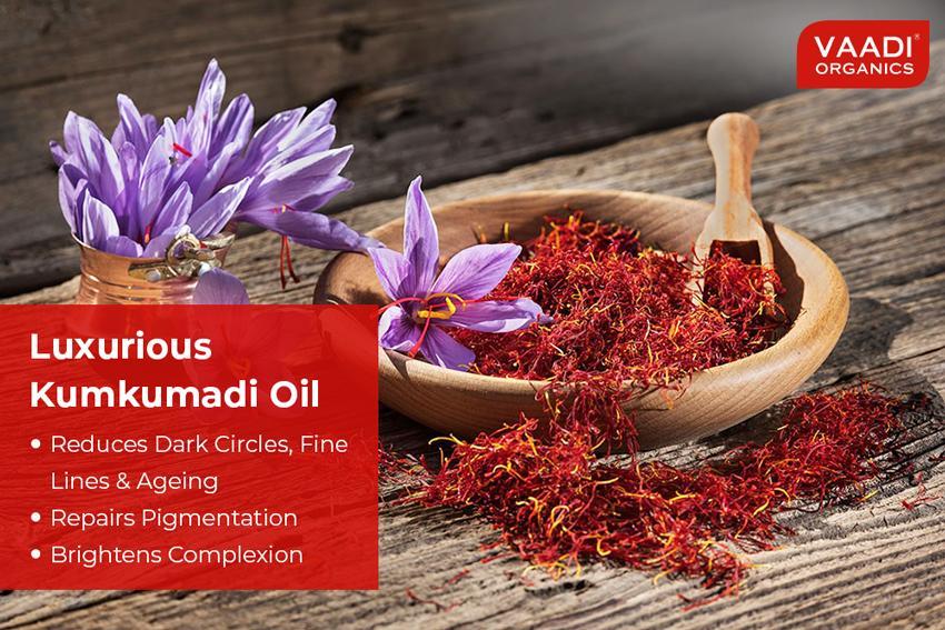 Organic Luxurious Kumkumadi Oil (Pure Mix of Saffron, Sandalwood, Manjistha & Almond Oil) - Reduces Dark Circles, Pigmentation (10 ml/ 0.33 oz)