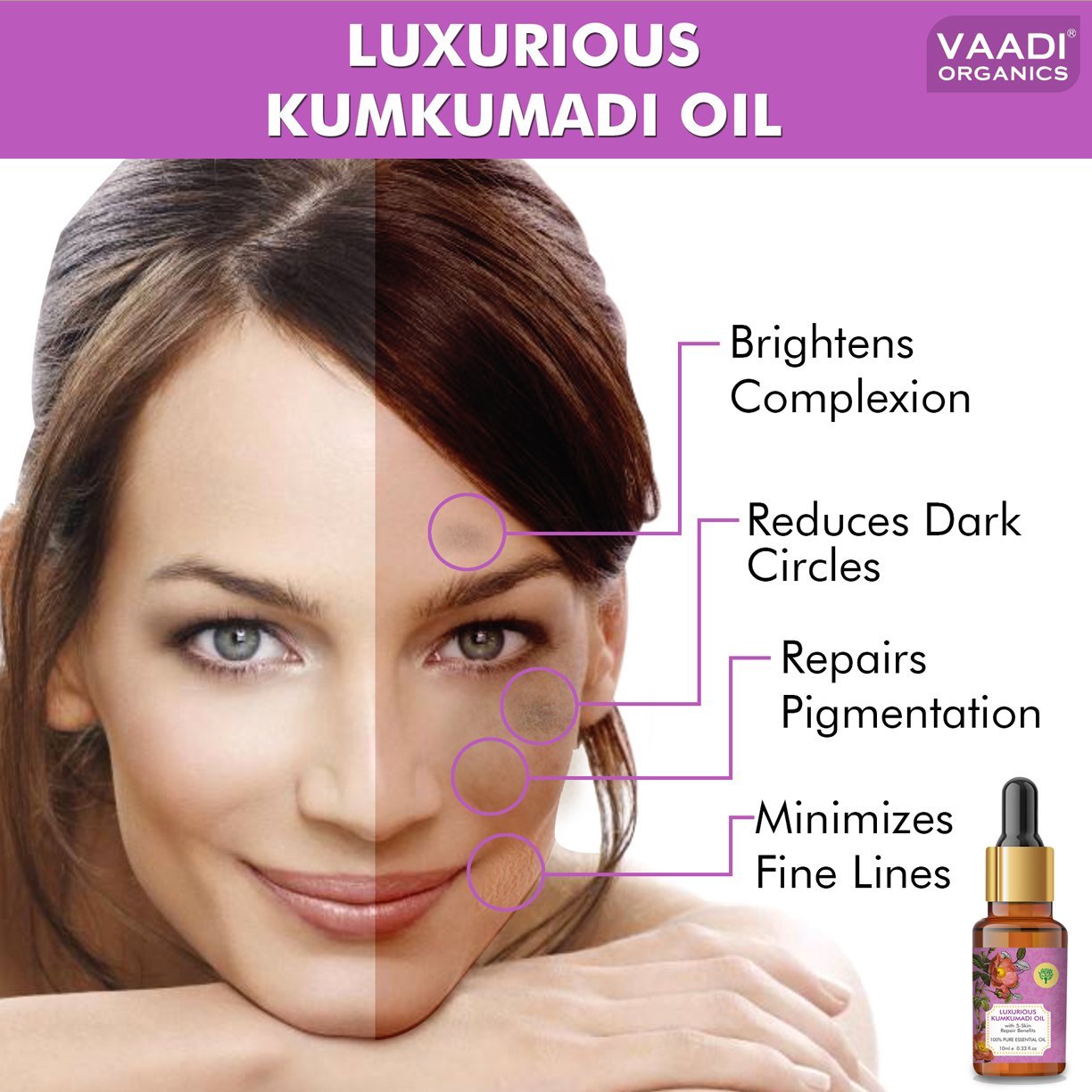 Organic Luxurious Kumkumadi Oil (Pure Mix of Saffron, Sandalwood, Manjistha & Almond Oil) - Reduces Dark Circles, Pigmentation (10 ml/ 0.33 oz)