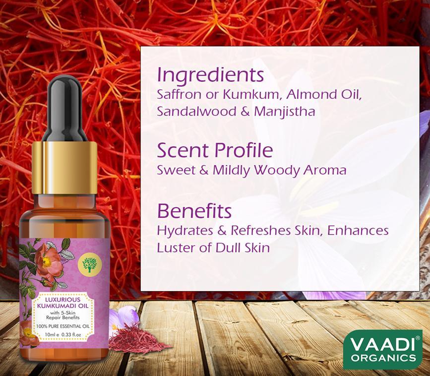 Organic Luxurious Kumkumadi Oil (Pure Mix of Saffron, Sandalwood, Manjistha & Almond Oil) - Reduces Dark Circles, Pigmentation (10 ml/ 0.33 oz)