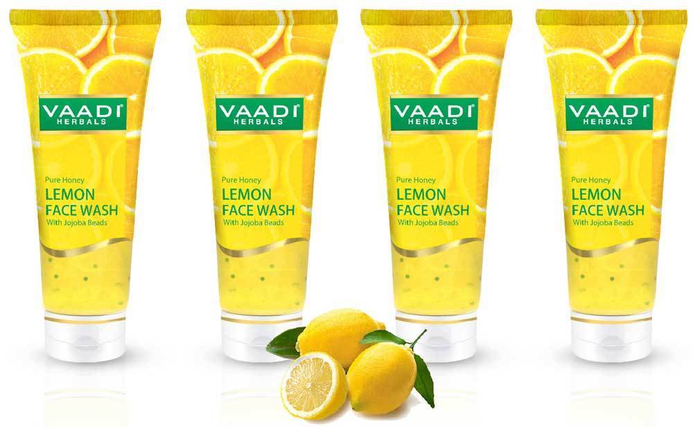 Skin Hydrating Organic Lemon Face Wash with Jojoba Beads - Removes Excess Oil - Prevents Acne (4 x 60 ml / 2.1 fl oz)
