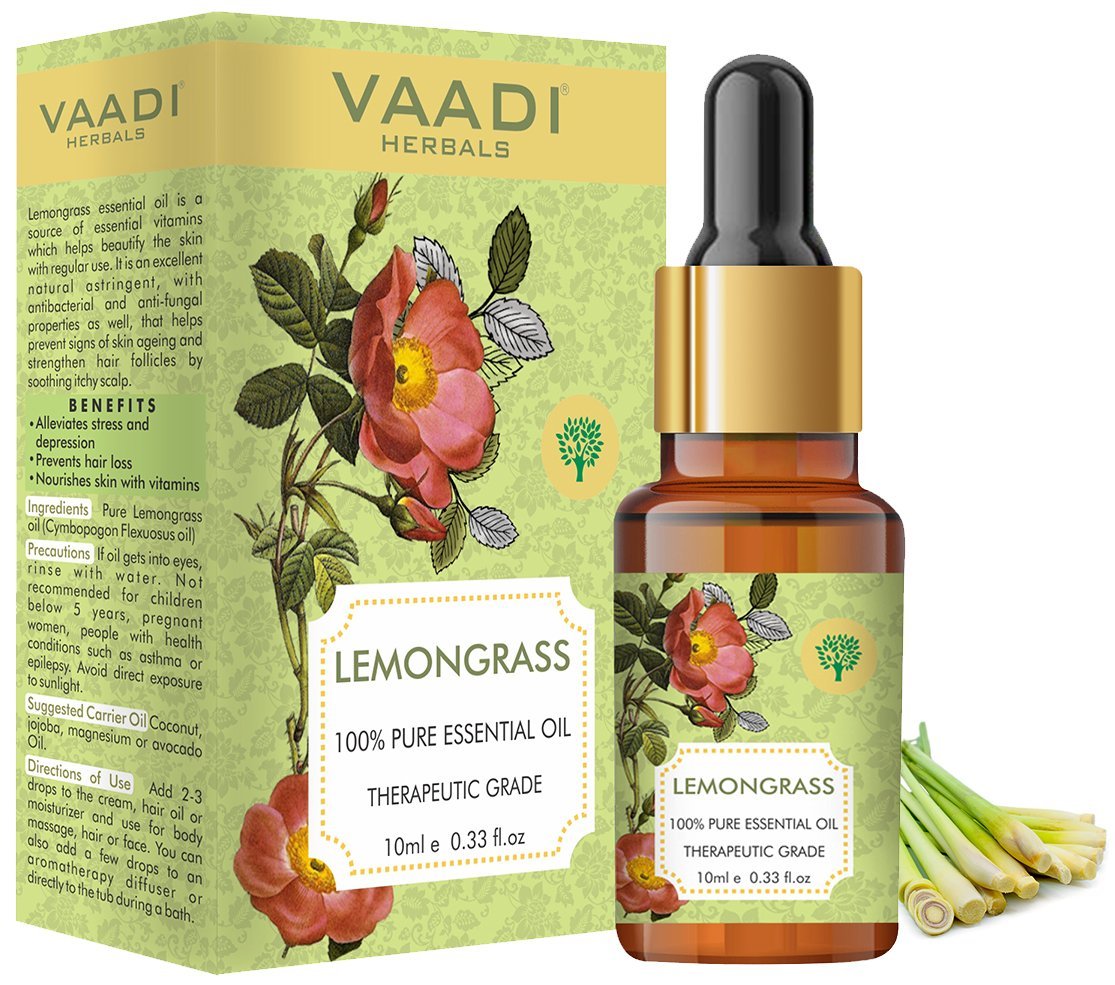 Organic Lemongrass Essential Oil - Reduces Stress & Depression, Prevents Hairfall, Prevents Skin Ageing - 100% Pure Therapeutic Grade (10 ml/ 0.33 oz)