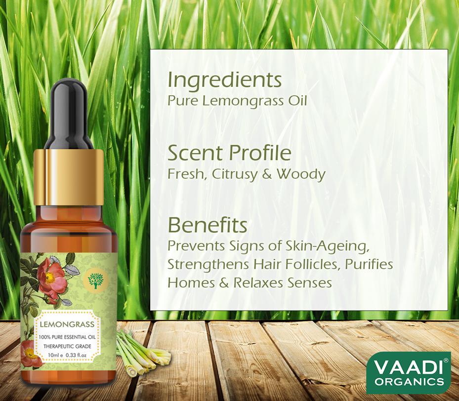 Organic Lemongrass Essential Oil - Reduces Stress & Depression, Prevents Hairfall, Prevents Skin Ageing - 100% Pure Therapeutic Grade (10 ml/ 0.33 oz)