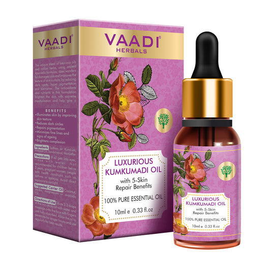 Organic Luxurious Kumkumadi Oil (Pure Mix of Saffron, Sandalwood, Manjistha & Almond Oil) - Reduces Dark Circles, Pigmentation (10 ml/ 0.33 oz)