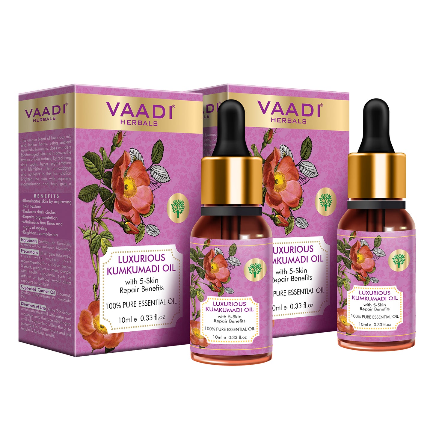 Pack of 2 Organic Luxurious Kumkumadi Oil (Pure Mix of Saffron, Sandalwood, Manjistha & Almond Oil) - Reduces Dark Circles (2 x 10 ml/ 0.33 oz)