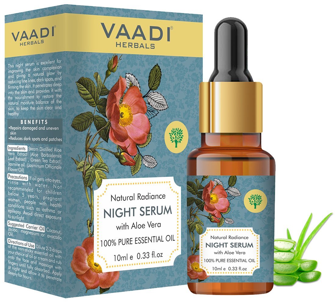 Organic Natural Radiance Night Serum with Aloe Vera - Reduces Dark Spots & patches, Repairs Damaged & Uneven Skin (10 ml/ 0.33 oz)