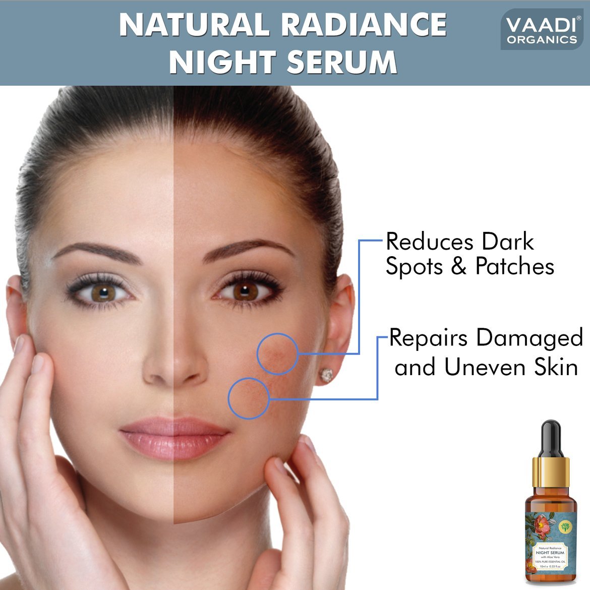 Organic Natural Radiance Night Serum with Aloe Vera - Reduces Dark Spots & patches, Repairs Damaged & Uneven Skin (10 ml/ 0.33 oz)