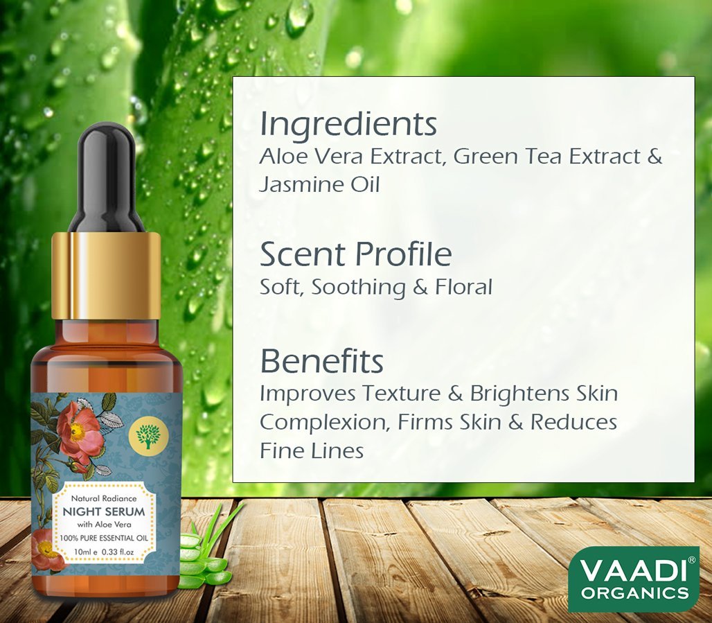 Organic Natural Radiance Night Serum with Aloe Vera - Reduces Dark Spots & patches, Repairs Damaged & Uneven Skin (10 ml/ 0.33 oz)
