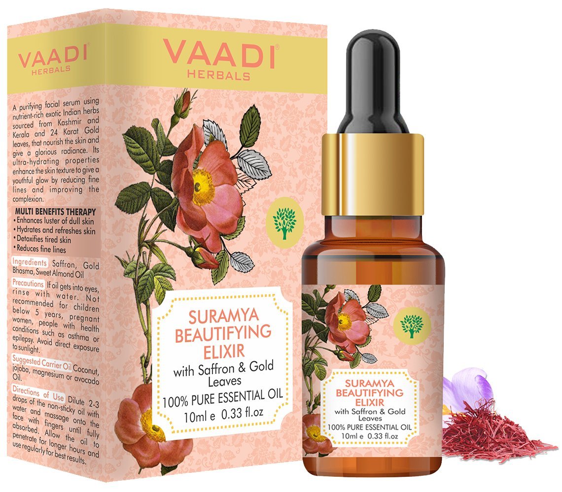 Organic Suramya Beautifying Elixr (Pure Mix of Saffron, 24k Gold Leaves & Sweet Almond Oil) - Reduces Fine Lines, Improves Skin Complexion & Gives a Natural Glow (10 ml/ 0.33 oz)