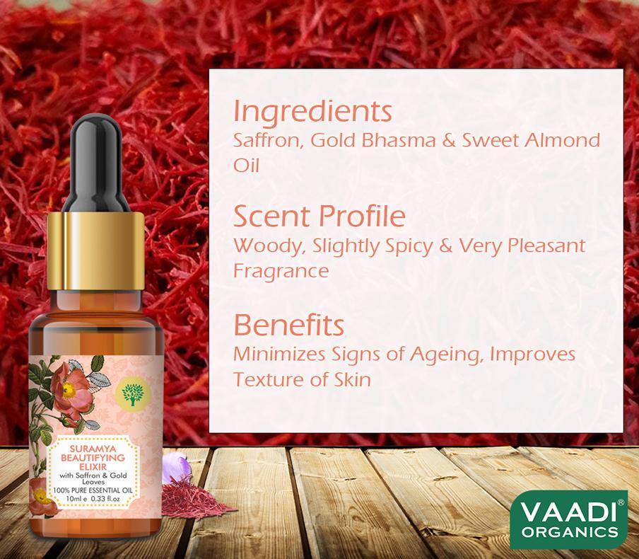Organic Suramya Beautifying Elixr (Pure Mix of Saffron, 24k Gold Leaves & Sweet Almond Oil) - Reduces Fine Lines, Improves Skin Complexion & Gives a Natural Glow (10 ml/ 0.33 oz)