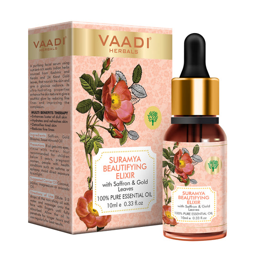 Organic Suramya Beautifying Elixr (Pure Mix of Saffron, 24k Gold Leaves & Sweet Almond Oil) - Reduces Fine Lines, Improves Skin Complexion & Gives a Natural Glow (10 ml/ 0.33 oz)