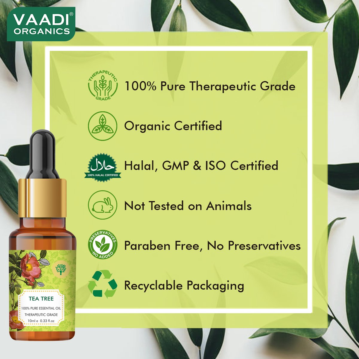 Organic Tea Tree Essential Oil - Reduces Acne, Prevents Dandruff & Hairfall (10 ml/ 0.33 oz)