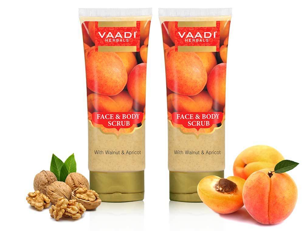 Organic Face & Body Scrub with Walnut & Apricot - Exfoliates & Unclogs Pores - Keeps Skin Youthful (2 x 110 gms / 4 oz)