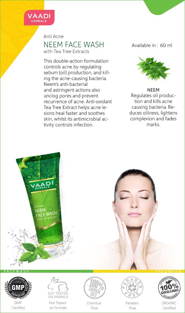 Anti Acne Organic Neem Face Wash with Tea Tree Extract - Controls Acne - Heals Skin (60 ml/2.1 fl oz)