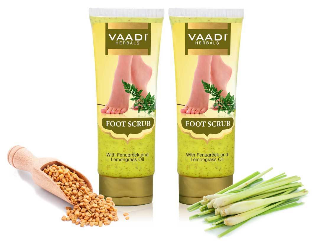 Organic Foot Scrub with Fenugreek & Lemongrass Oil - Therapeutic Exfoliates - Rejuvenates Damaged Skin - Softens Skin (2 x 110 gms / 4 oz)