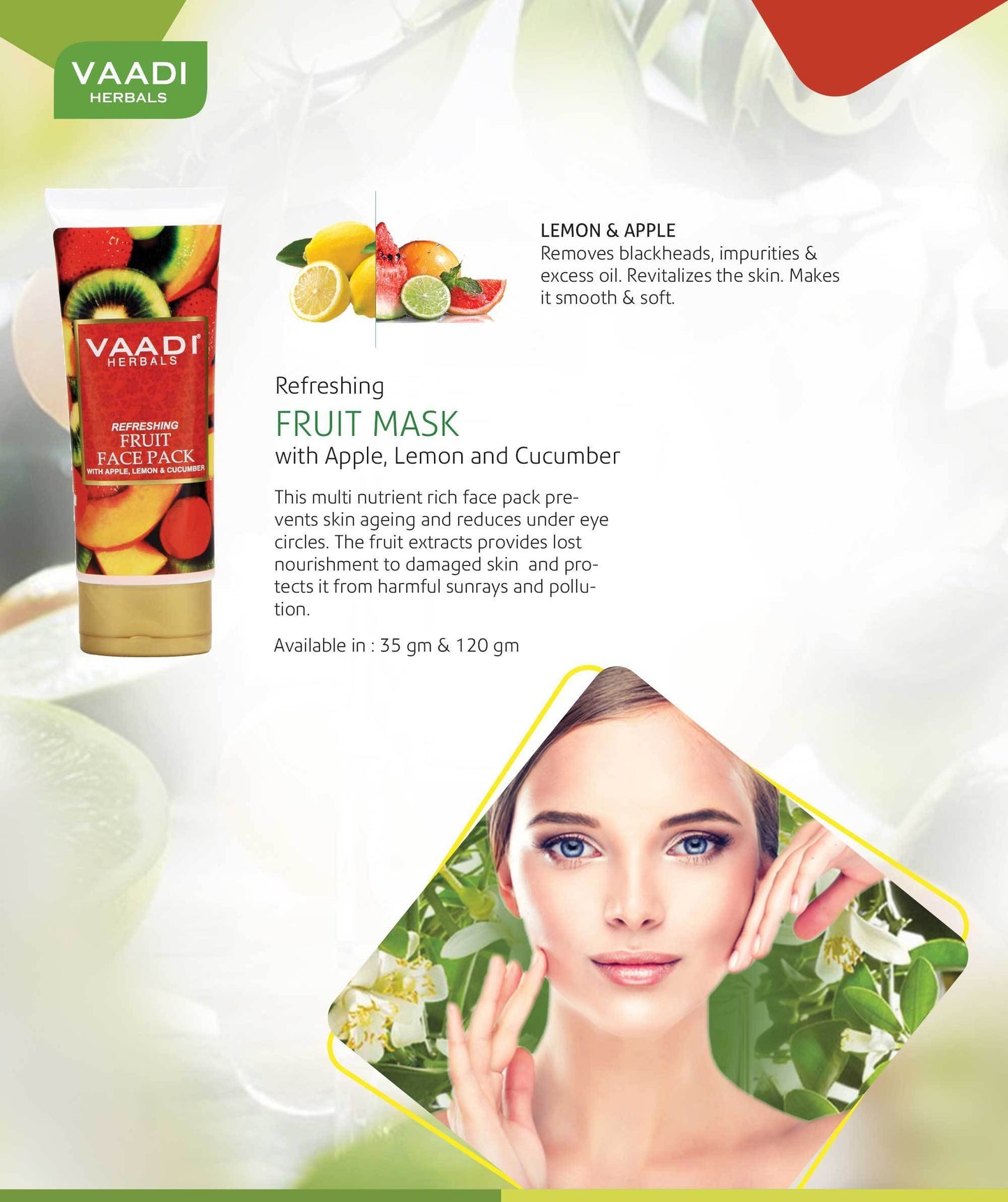 Refreshing Organic Fruit Face Pack with Apple, Lemon & Cucumber - Protects & Revitalizes Skin (2 x 120 gms/ 4.3 oz)