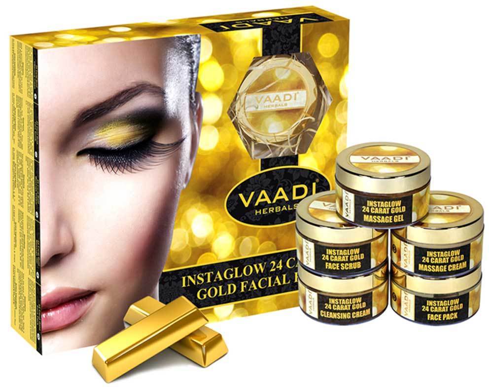 Organic 24 Carat Gold Facial Kit with Gold Leaves, Marigold & Wheatgerm Oil, Lemon Peel - Brightens Skin and Gives Glow (270 gms/9.6 oz)