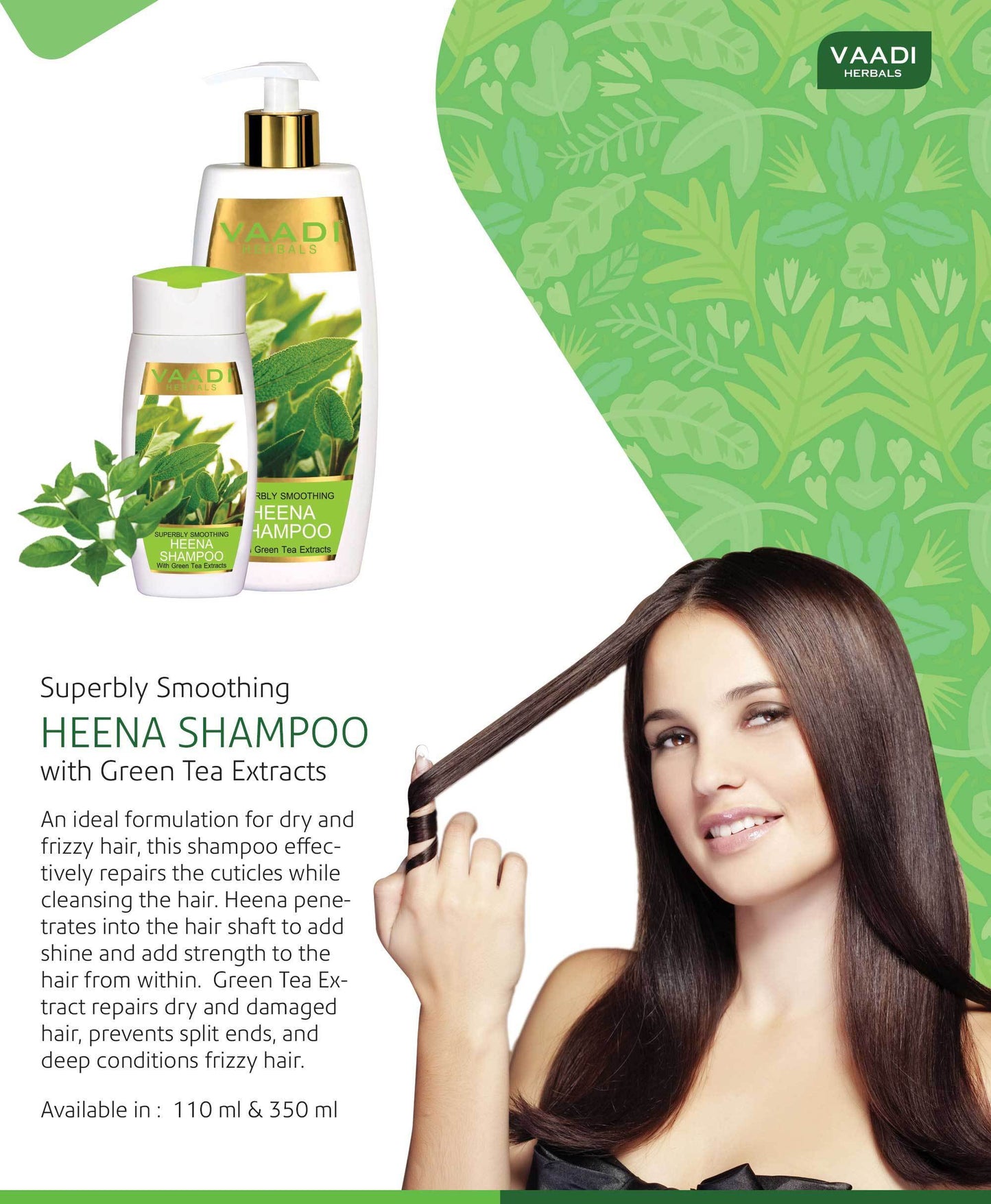 Superbly Smoothing Organic Heena Shampoo with Green Tea Extract - Controls Dry Frizzy Hair - Strengthens Hair (3 x 110 ml/4 fl oz)