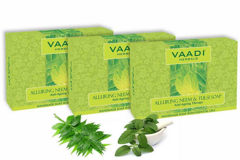 Organic Alluring Neem Tulsi Soap with Aloe Vera, Vitamin E & Tea Tree Oil - Prevents Ageing - Protects Skin (3 x 75 gms / 2.7 oz)