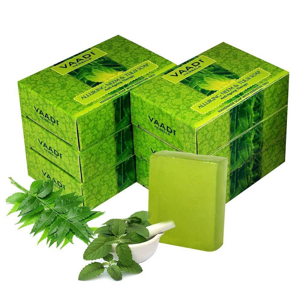 Organic Alluring Neem Tulsi Soap with Aloe Vera, Vitamin E & Tea Tree Oil - Prevents Ageing - Protects Skin (6 x 75 gms / 2.7 oz)