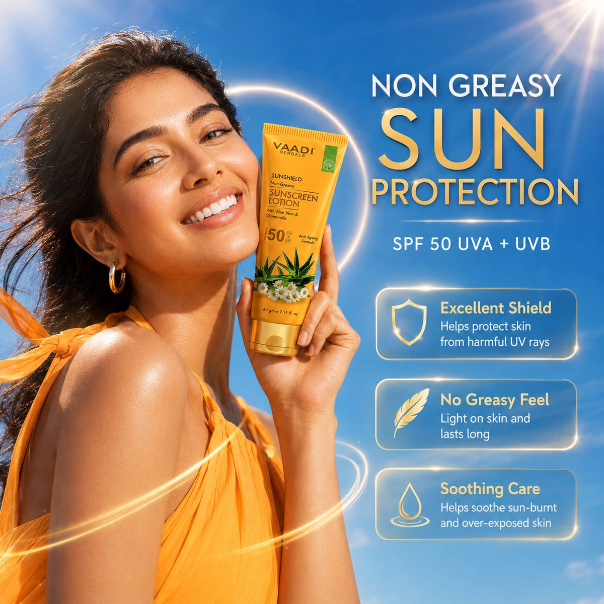 Organic Sunscreen Lotion SPF 50 with Aloe Vera & Chamomile - Non Greasy - Long Lasting - Soothes Burnt Skin (110 ml/ 4 fl oz)