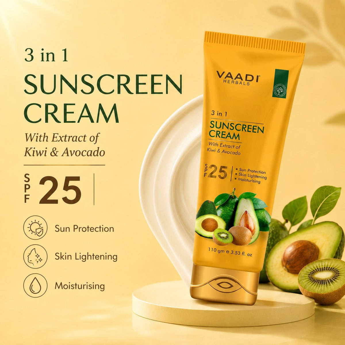 Organic Sunscreen Cream SPF 25 with Kiwi & Avocado Extract - Protects & Nourishes Skin - Enhances Complexion (3 x 110 gms / 4 oz)