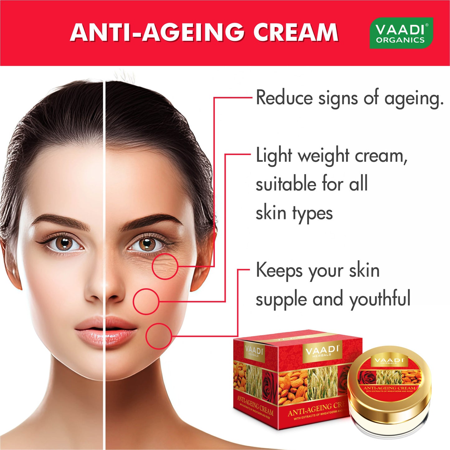 Organic Anti Ageing Cream with Almond, Wheatgerm - Boosts Collagen & Delays Wrinkles - Keeps Skin Soft & Youthful ( 30 gms / 1.1 oz)