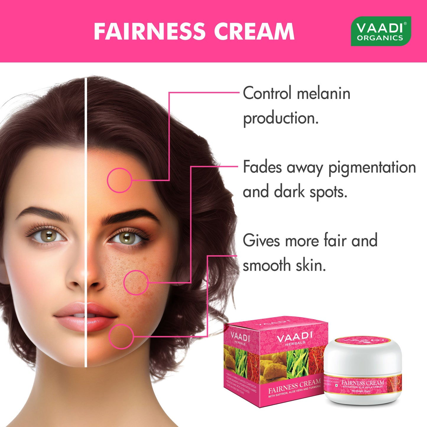 Organic Fairness Cream with Saffron, Aloe Vera & Turmeric Extract - Lightens Marks & Blemishes - Makes Skin Flawless ( 3 x 30 gms / 1.1 oz)